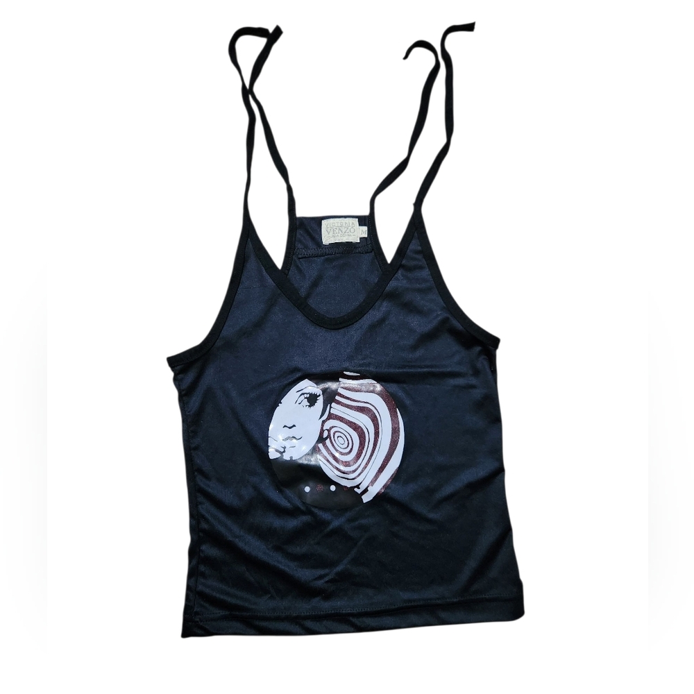 Vintage Black Tank Top with Artistic Print Swirl Tie Straps Adjustable